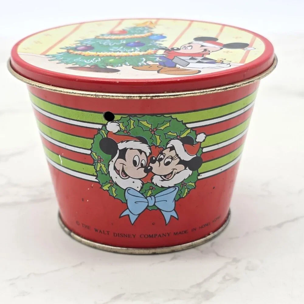 Vintage Disney Mickey Minnie Christmas Tree Round Tin Box Container Hong Kong